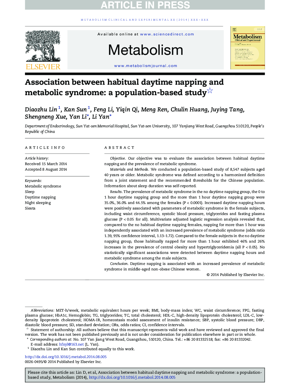 Association between habitual daytime napping and metabolic syndrome: a population-based study