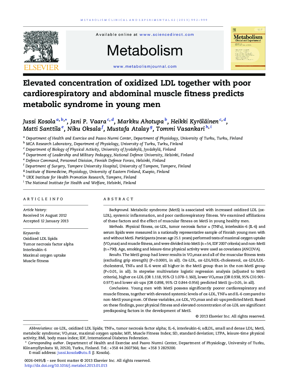 Elevated concentration of oxidized LDL together with poor cardiorespiratory and abdominal muscle fitness predicts metabolic syndrome in young men