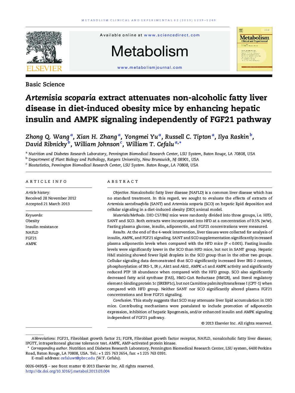 Artemisia scoparia extract attenuates non-alcoholic fatty liver disease in diet-induced obesity mice by enhancing hepatic insulin and AMPK signaling independently of FGF21 pathway