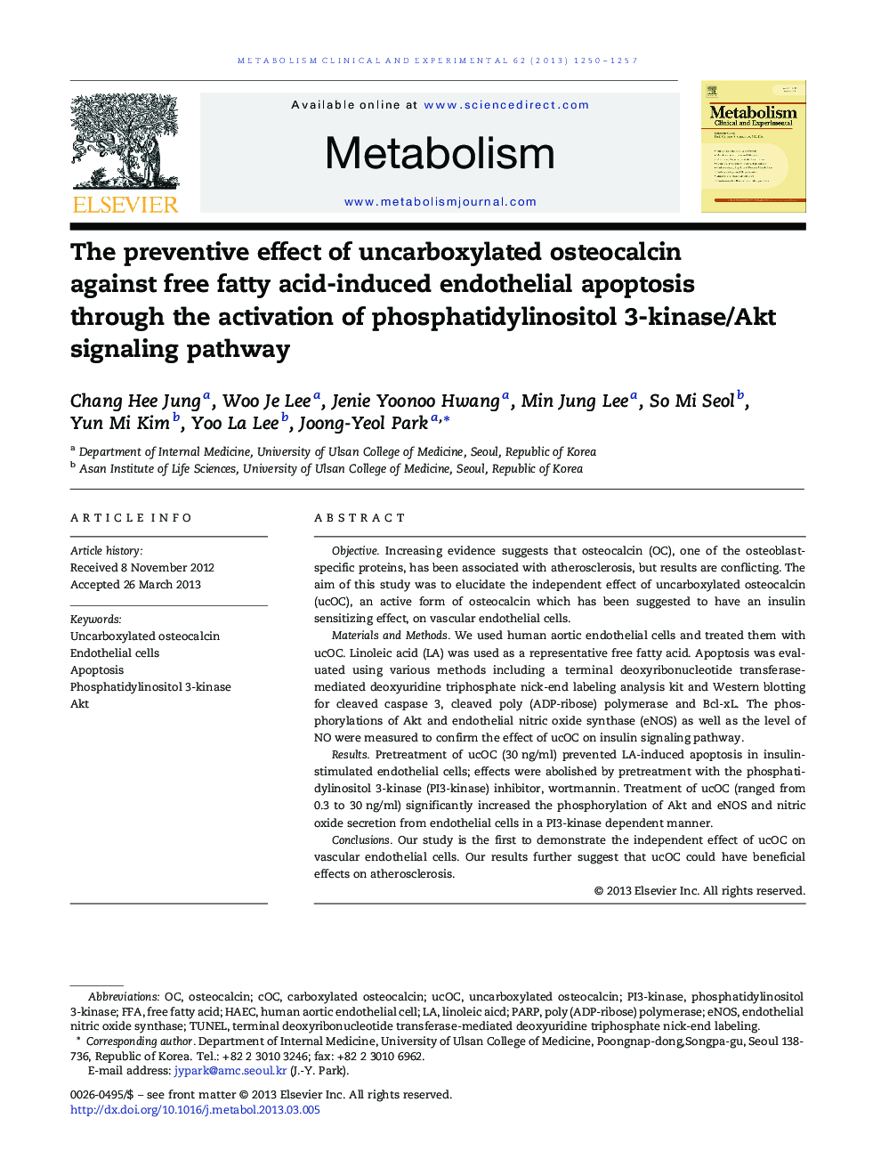 اثرات پیشگیرانه استئوکالسین غیر قلبی بی کربن بر آپوپتوز اندوتلیال ناشی از اسید چرب آزاد از طریق فعال سازی مسیر سیگنالینگ فسفاتیدیلینواستیل 3-کیناز / آکت 