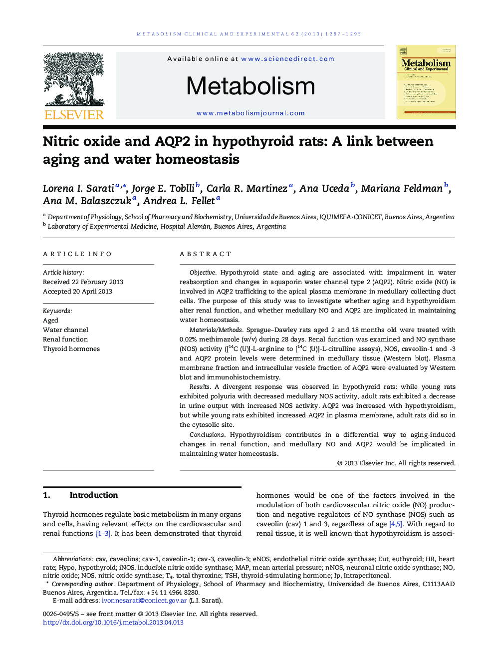 Nitric oxide and AQP2 in hypothyroid rats: A link between aging and water homeostasis