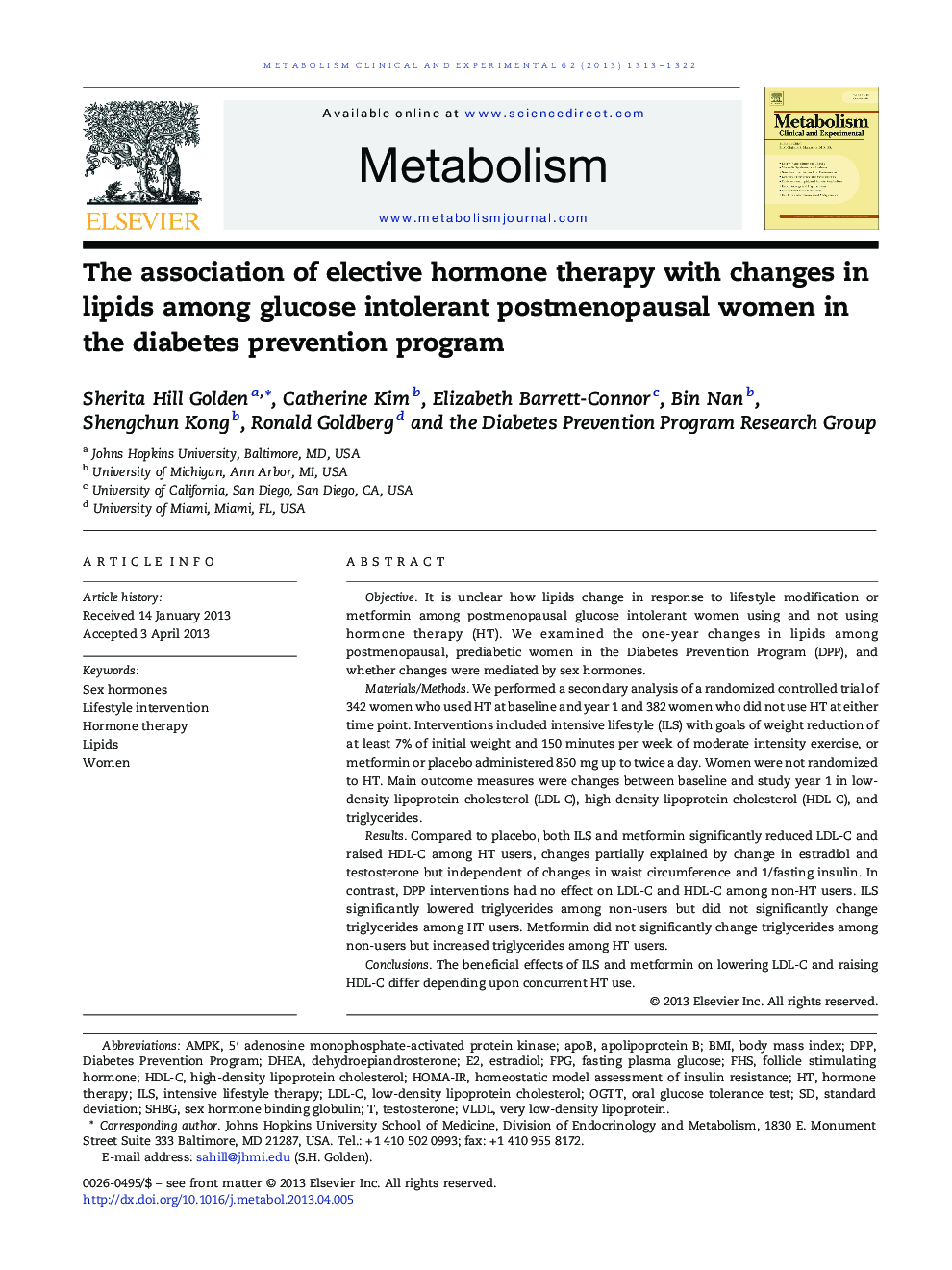 The association of elective hormone therapy with changes in lipids among glucose intolerant postmenopausal women in the diabetes prevention program