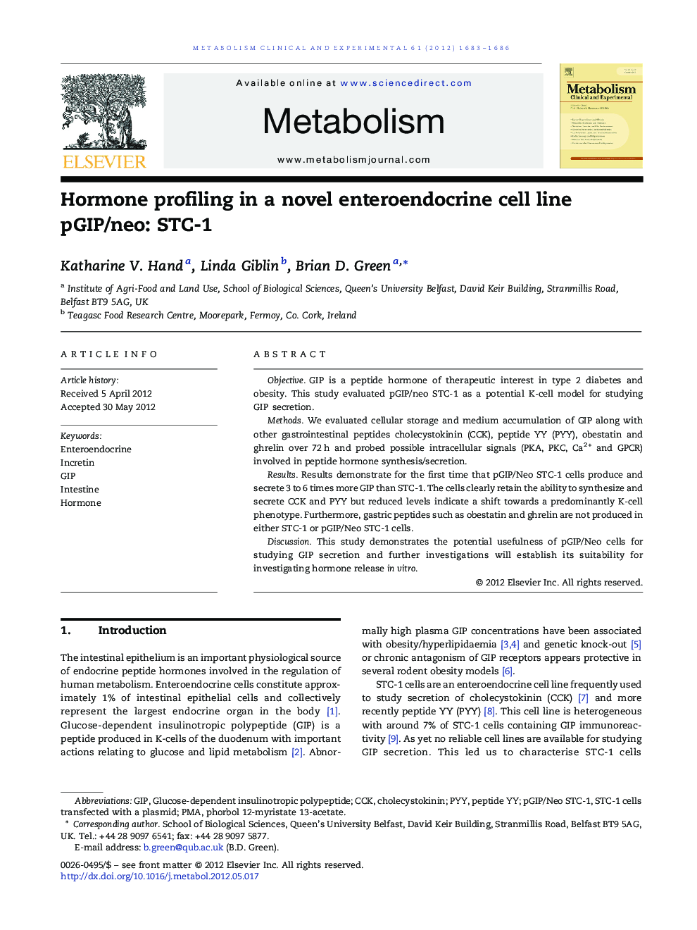 Hormone profiling in a novel enteroendocrine cell line pGIP/neo: STC-1