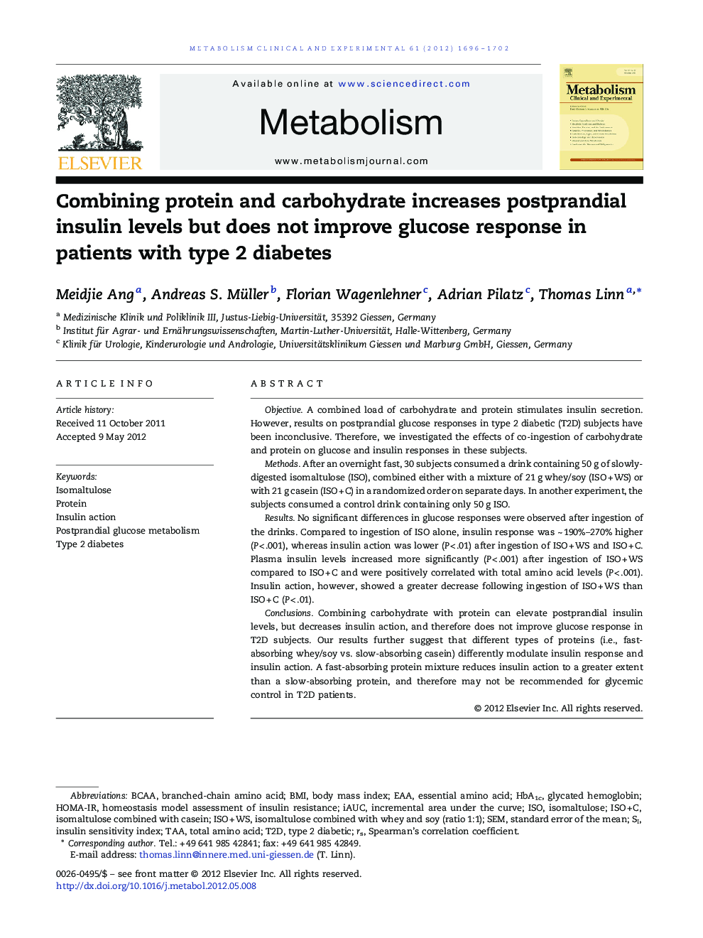 Combining protein and carbohydrate increases postprandial insulin levels but does not improve glucose response in patients with type 2 diabetes