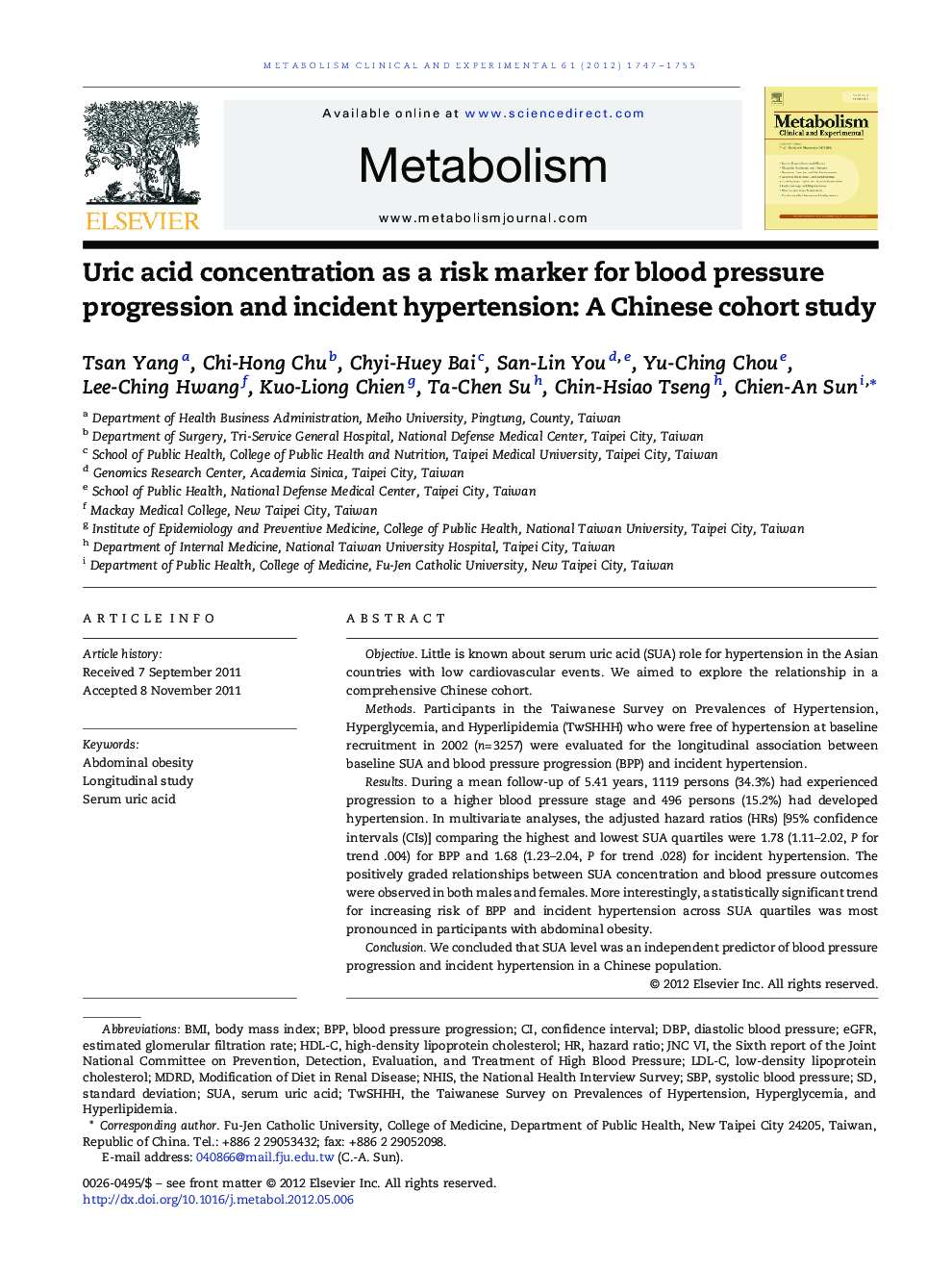 Uric acid concentration as a risk marker for blood pressure progression and incident hypertension: A Chinese cohort study