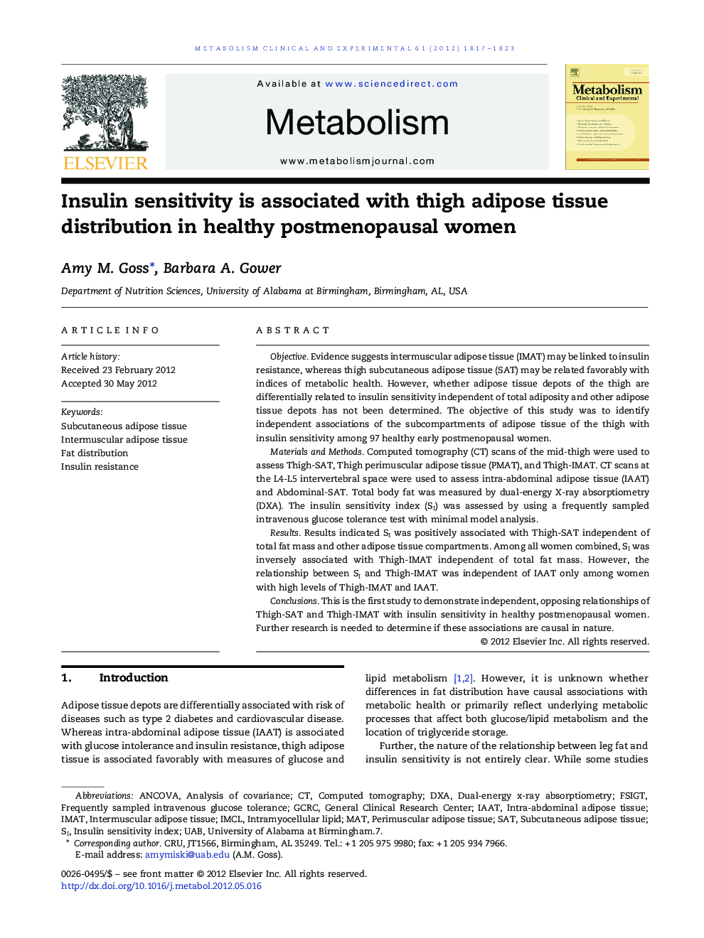 MethodInsulin sensitivity is associated with thigh adipose tissue distribution in healthy postmenopausal women