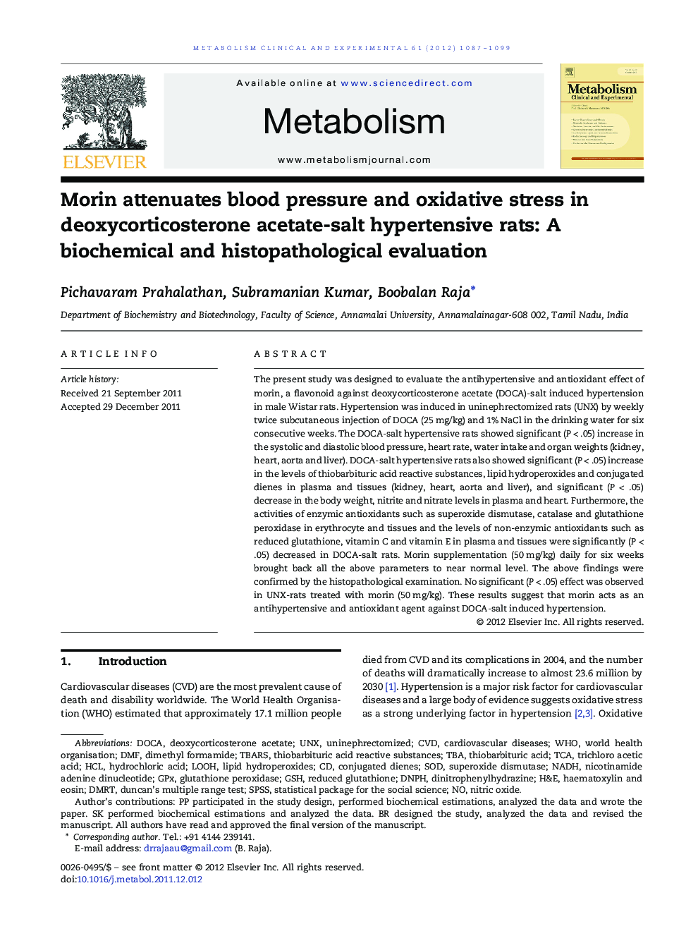 Morin attenuates blood pressure and oxidative stress in deoxycorticosterone acetate-salt hypertensive rats: A biochemical and histopathological evaluation