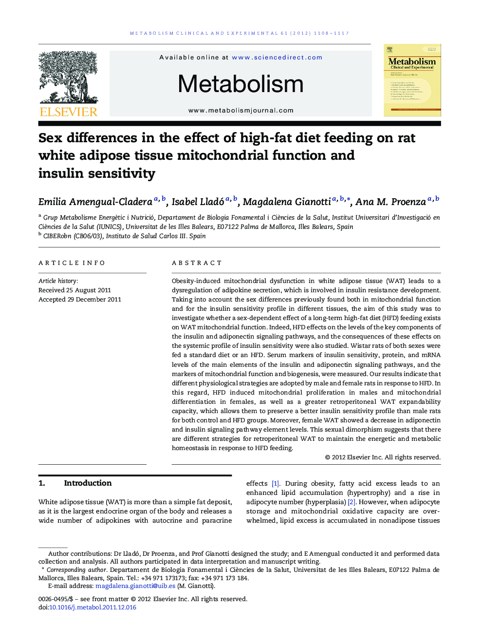 Sex differences in the effect of high-fat diet feeding on rat white adipose tissue mitochondrial function and insulin sensitivity