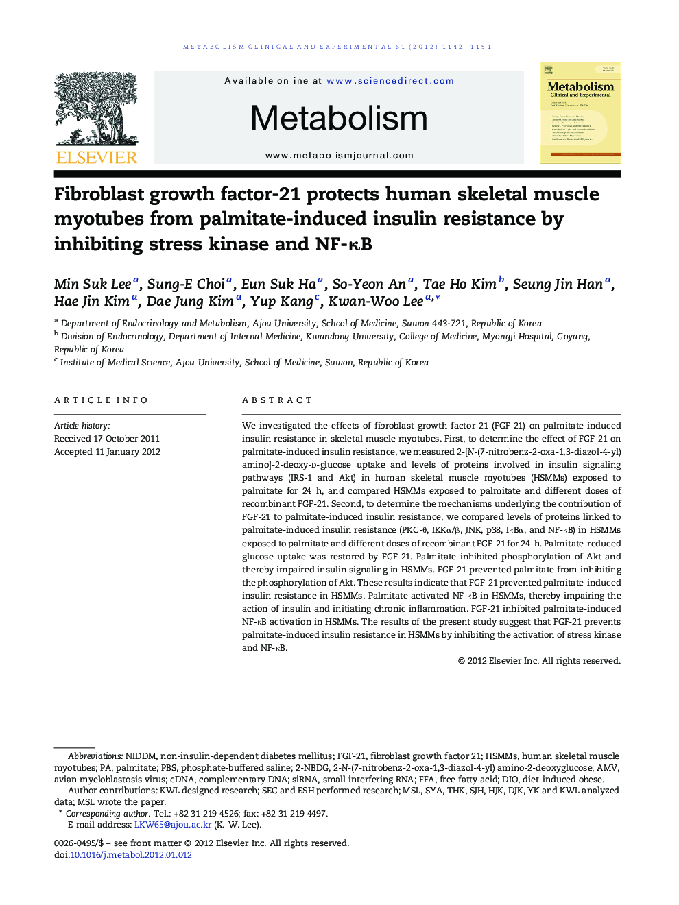 Fibroblast growth factor-21 protects human skeletal muscle myotubes from palmitate-induced insulin resistance by inhibiting stress kinase and NF-ÎºB