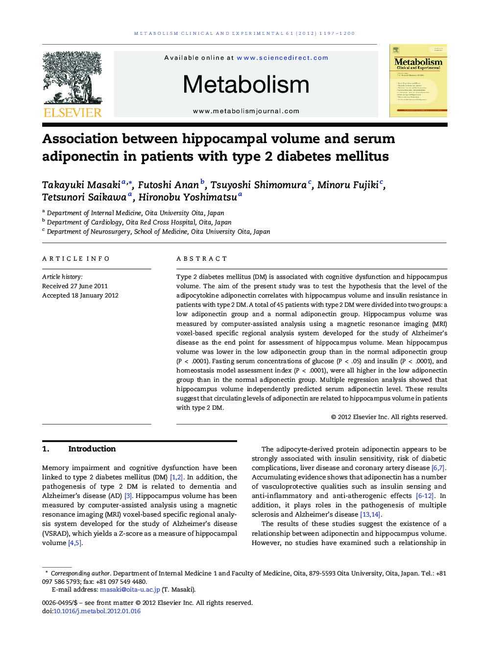Association between hippocampal volume and serum adiponectin in patients with type 2 diabetes mellitus