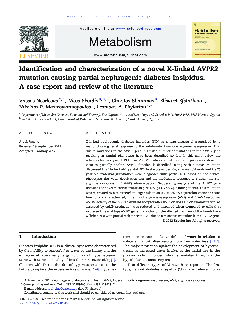 Identification and characterization of a novel X-linked AVPR2 mutation causing partial nephrogenic diabetes insipidus: A case report and review of the literature