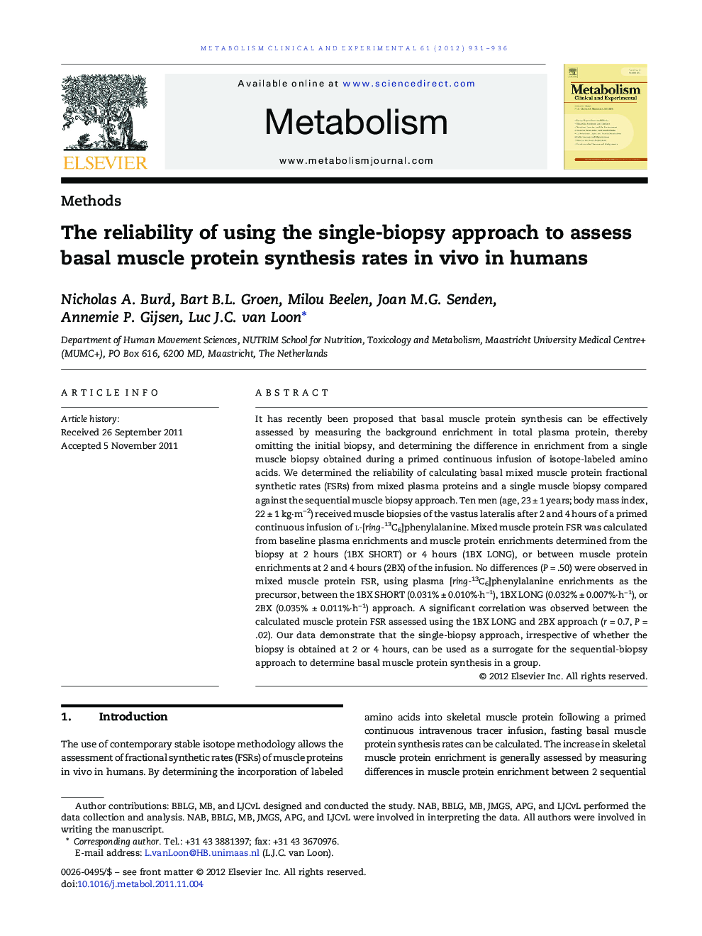 The reliability of using the single-biopsy approach to assess basal muscle protein synthesis rates in vivo in humans