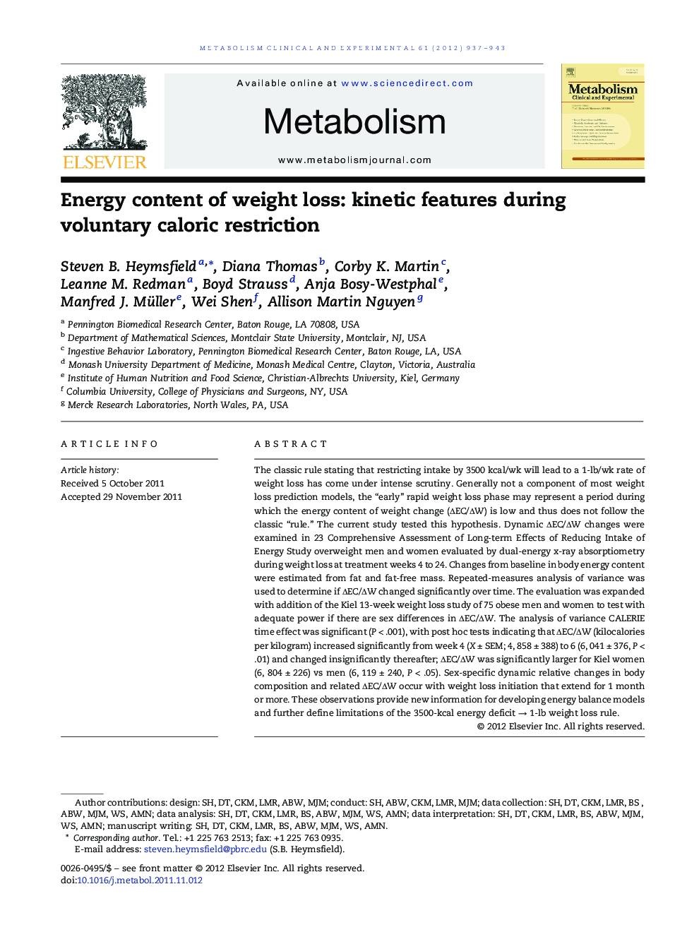 Energy content of weight loss: kinetic features during voluntary caloric restriction