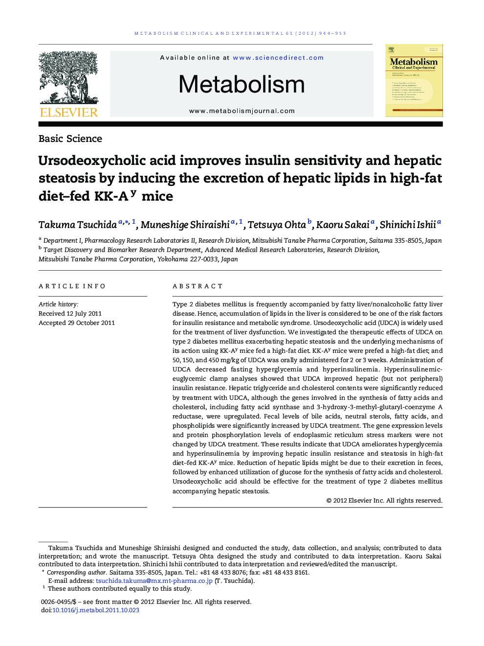 Ursodeoxycholic acid improves insulin sensitivity and hepatic steatosis by inducing the excretion of hepatic lipids in high-fat diet-fed KK-Ay mice