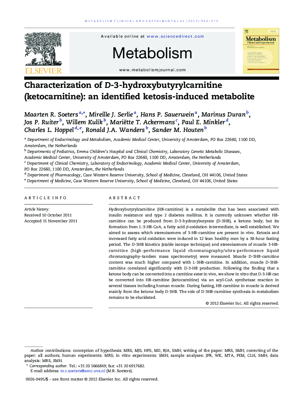 Characterization of D-3-hydroxybutyrylcarnitine (ketocarnitine): an identified ketosis-induced metabolite