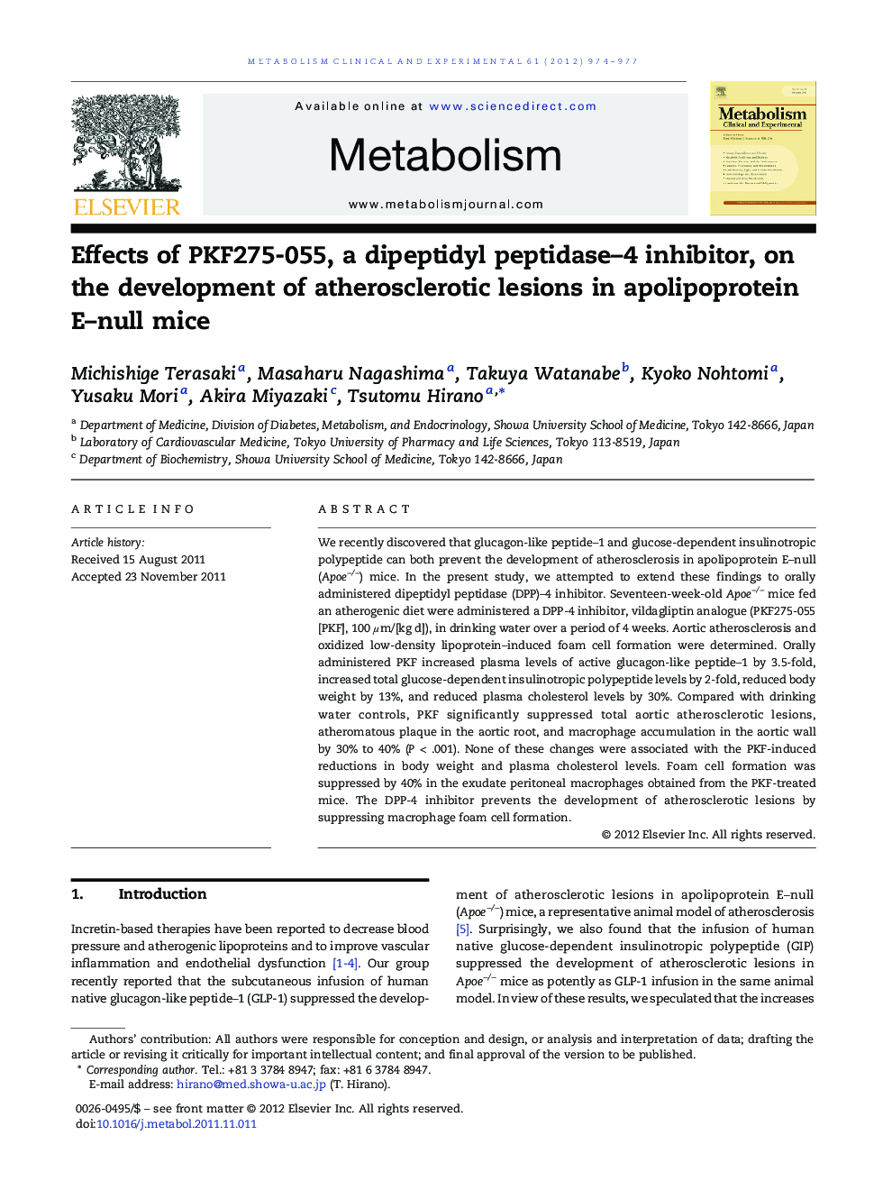 Effects of PKF275-055, a dipeptidyl peptidase-4 inhibitor, on the development of atherosclerotic lesions in apolipoprotein E-null mice