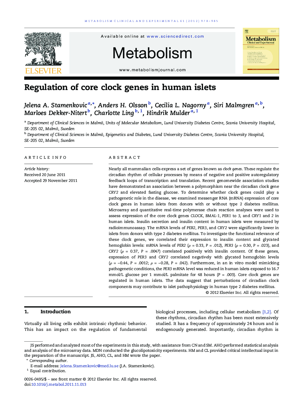 Regulation of core clock genes in human islets