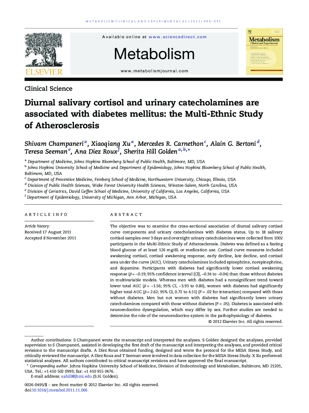 Diurnal salivary cortisol and urinary catecholamines are associated with diabetes mellitus: the Multi-Ethnic Study of Atherosclerosis