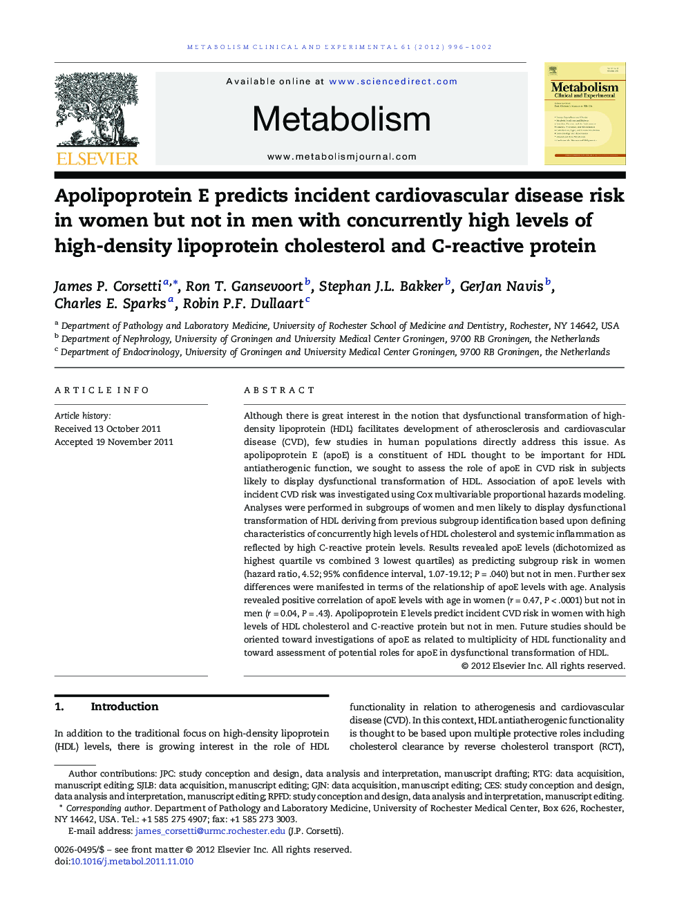 Apolipoprotein E predicts incident cardiovascular disease risk in women but not in men with concurrently high levels of high-density lipoprotein cholesterol and C-reactive protein