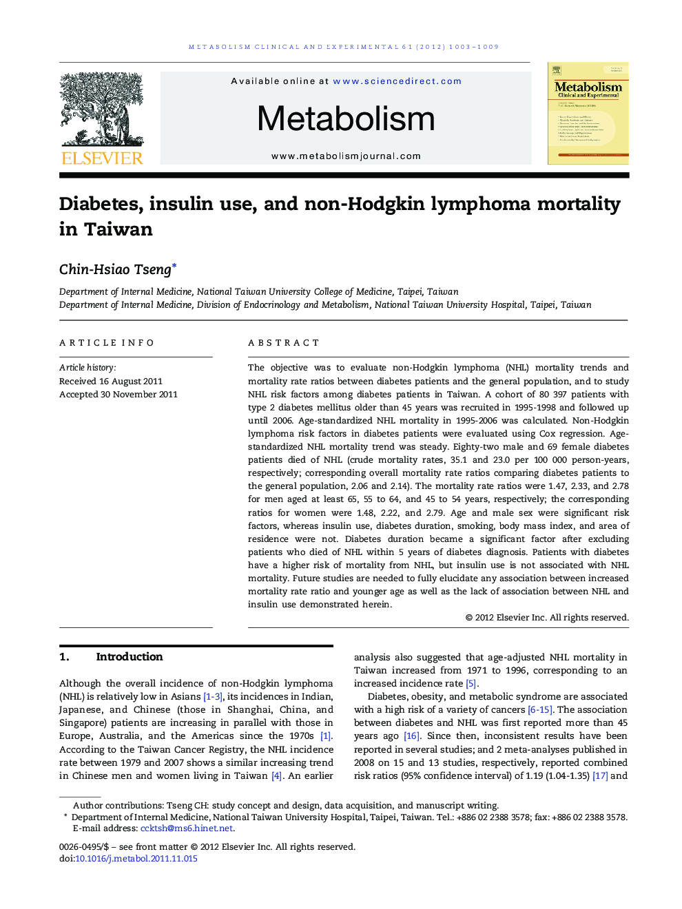 Clinical ScienceDiabetes, insulin use, and non-Hodgkin lymphoma mortality in Taiwan