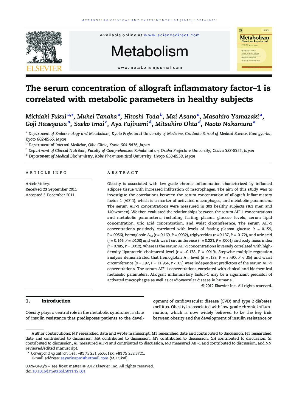 Clinical ScienceThe serum concentration of allograft inflammatory factor-1 is correlated with metabolic parameters in healthy subjects