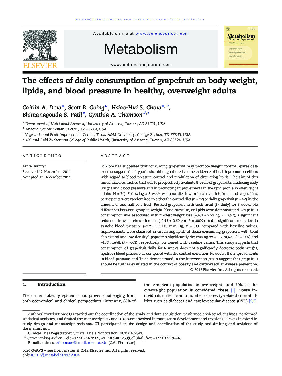 The effects of daily consumption of grapefruit on body weight, lipids, and blood pressure in healthy, overweight adults