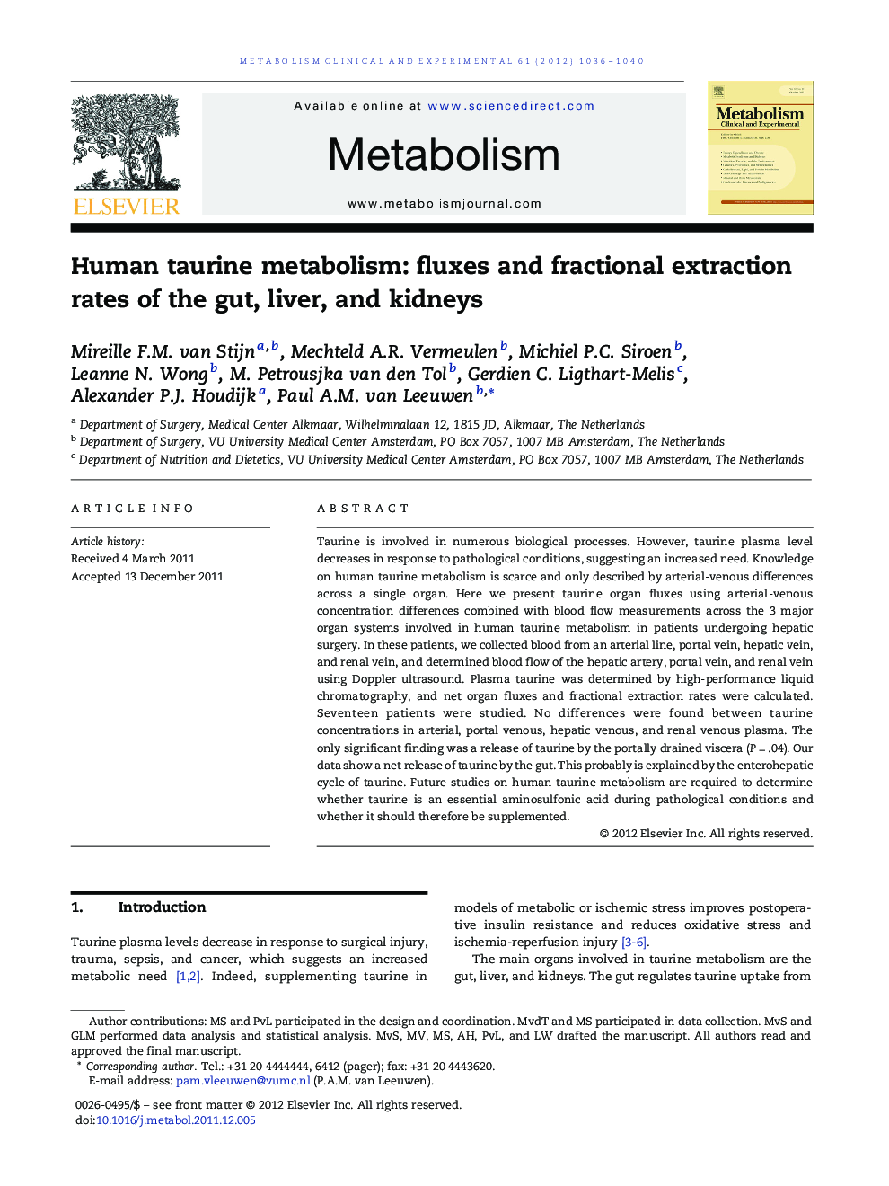Clinical ScienceHuman taurine metabolism: fluxes and fractional extraction rates of the gut, liver, and kidneys