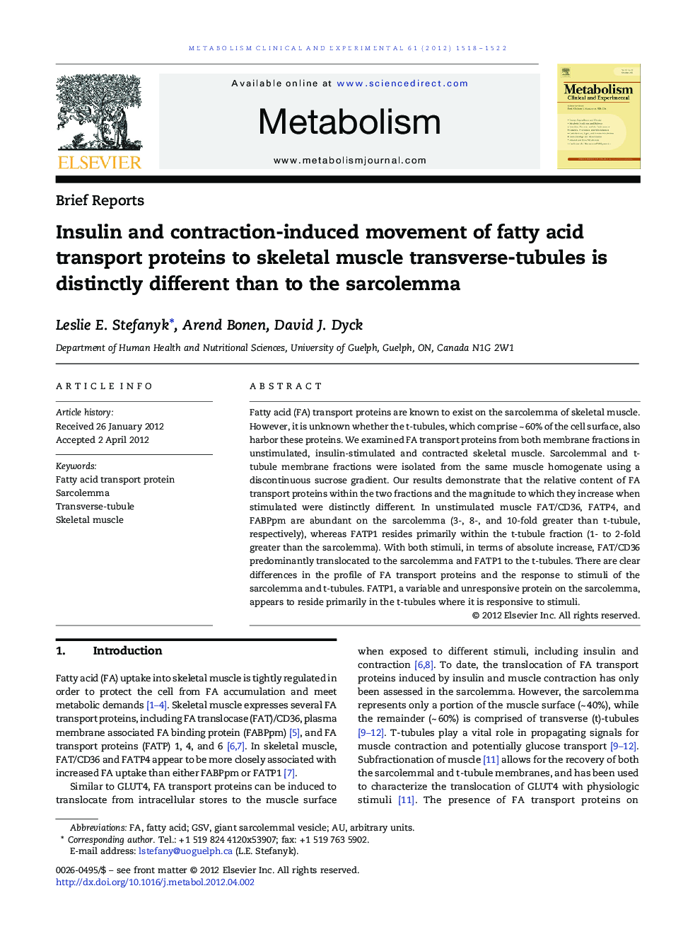 Insulin and contraction-induced movement of fatty acid transport proteins to skeletal muscle transverse-tubules is distinctly different than to the sarcolemma