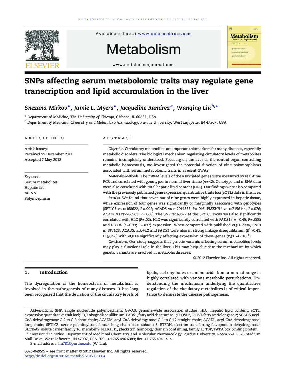 SNPs affecting serum metabolomic traits may regulate gene transcription and lipid accumulation in the liver