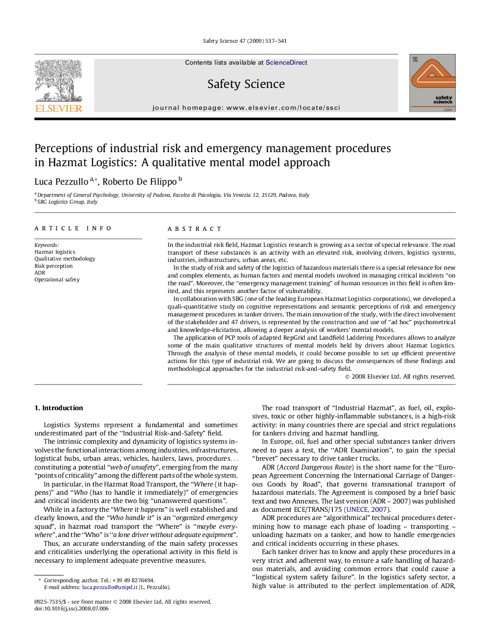 Perceptions of industrial risk and emergency management procedures in Hazmat Logistics: A qualitative mental model approach