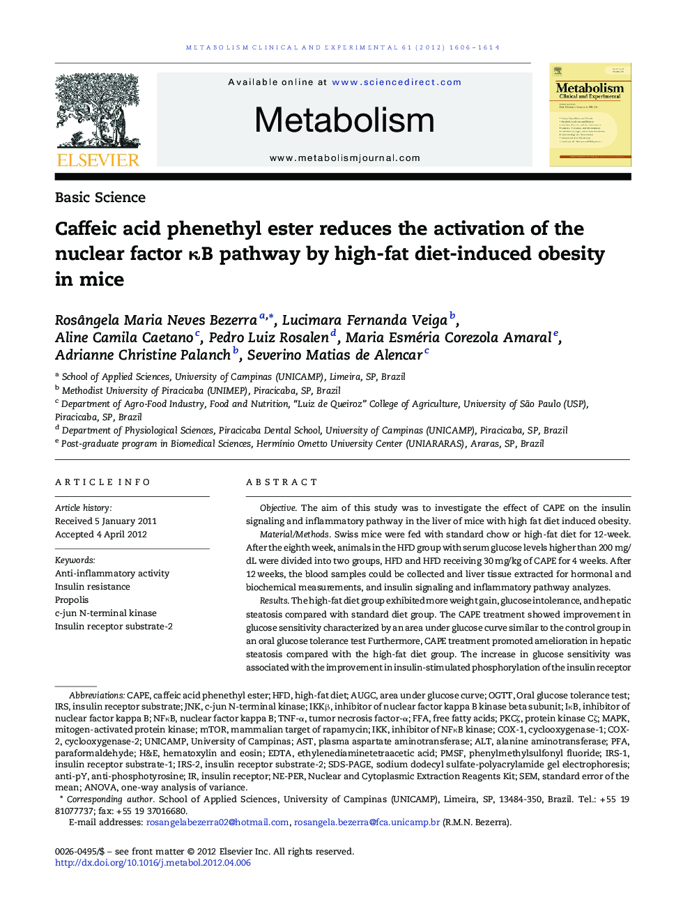 Caffeic acid phenethyl ester reduces the activation of the nuclear factor ÎºB pathway by high-fat diet-induced obesity in mice