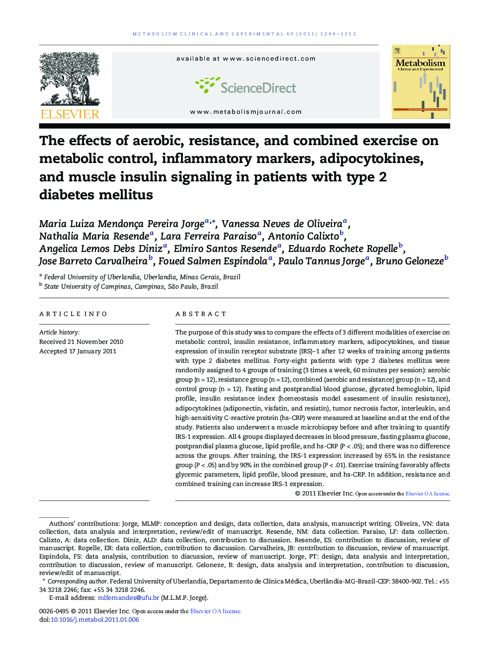 The effects of aerobic, resistance, and combined exercise on metabolic control, inflammatory markers, adipocytokines, and muscle insulin signaling in patients with type 2 diabetes mellitus