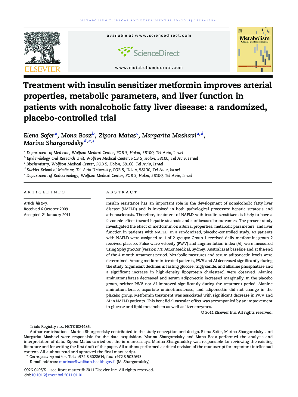 Treatment with insulin sensitizer metformin improves arterial properties, metabolic parameters, and liver function in patients with nonalcoholic fatty liver disease: a randomized, placebo-controlled trial