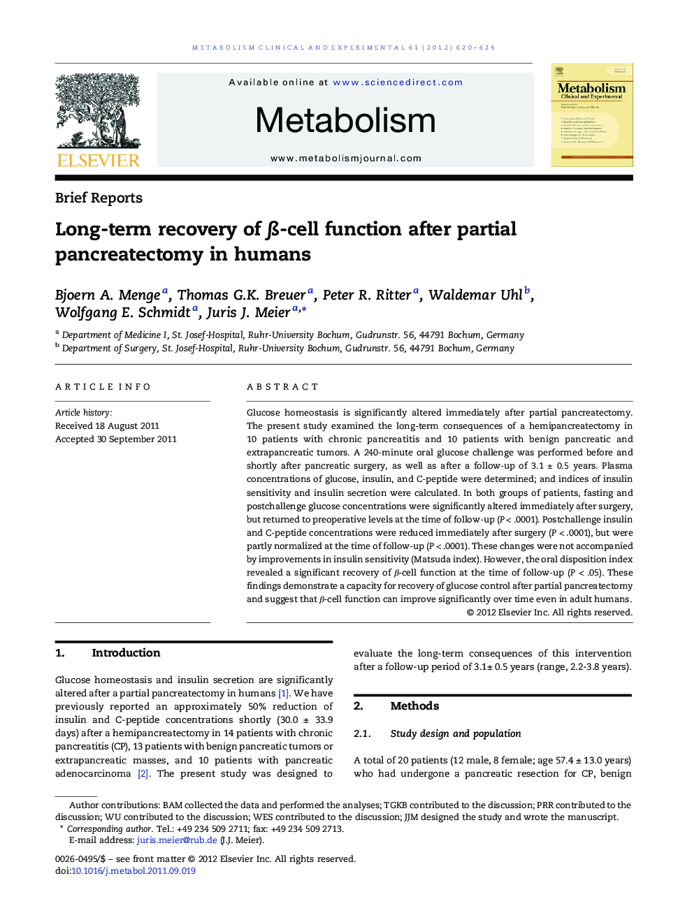 Long-term recovery of Î²-cell function after partial pancreatectomy in humans