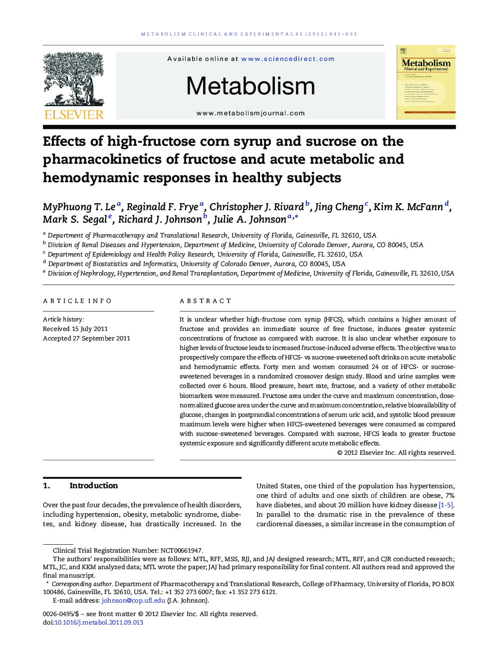 Effects of high-fructose corn syrup and sucrose on the pharmacokinetics of fructose and acute metabolic and hemodynamic responses in healthy subjects