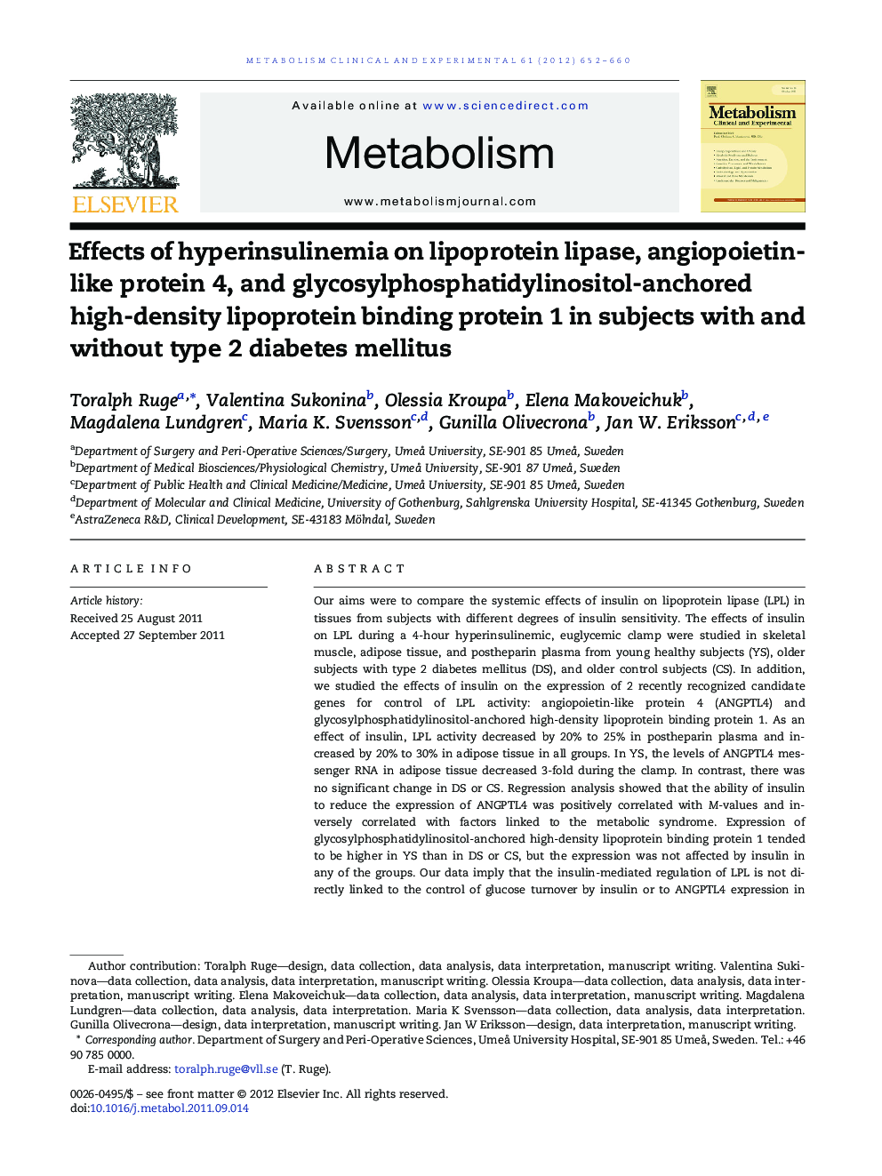 Clinical ScienceEffects of hyperinsulinemia on lipoprotein lipase, angiopoietin-like protein 4, and glycosylphosphatidylinositol-anchored high-density lipoprotein binding protein 1 in subjects with and without type 2 diabetes mellitus