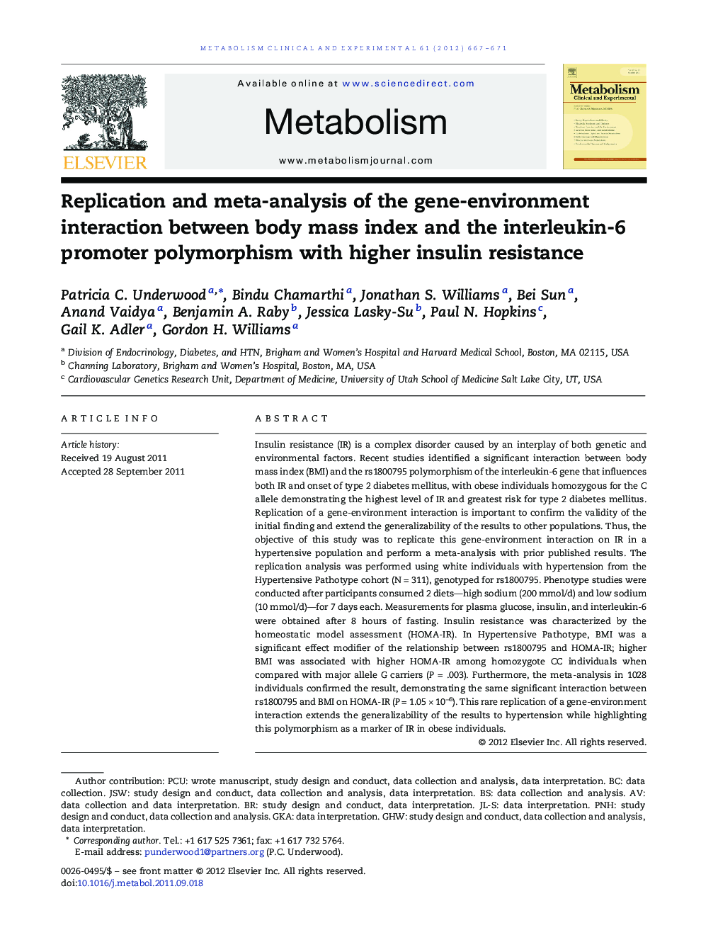 Replication and meta-analysis of the gene-environment interaction between body mass index and the interleukin-6 promoter polymorphism with higher insulin resistance
