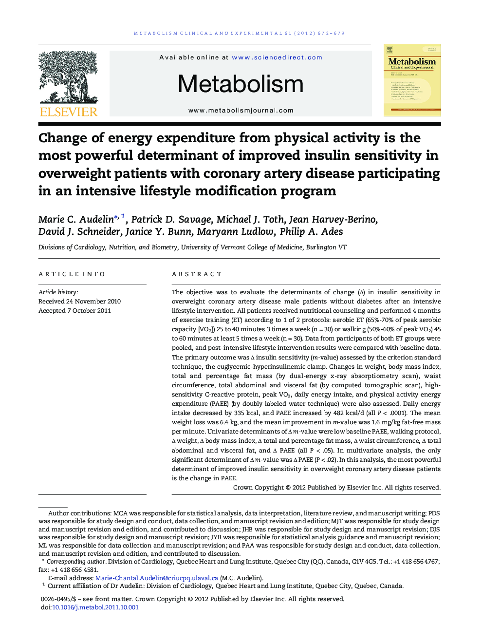 Change of energy expenditure from physical activity is the most powerful determinant of improved insulin sensitivity in overweight patients with coronary artery disease participating in an intensive lifestyle modification program