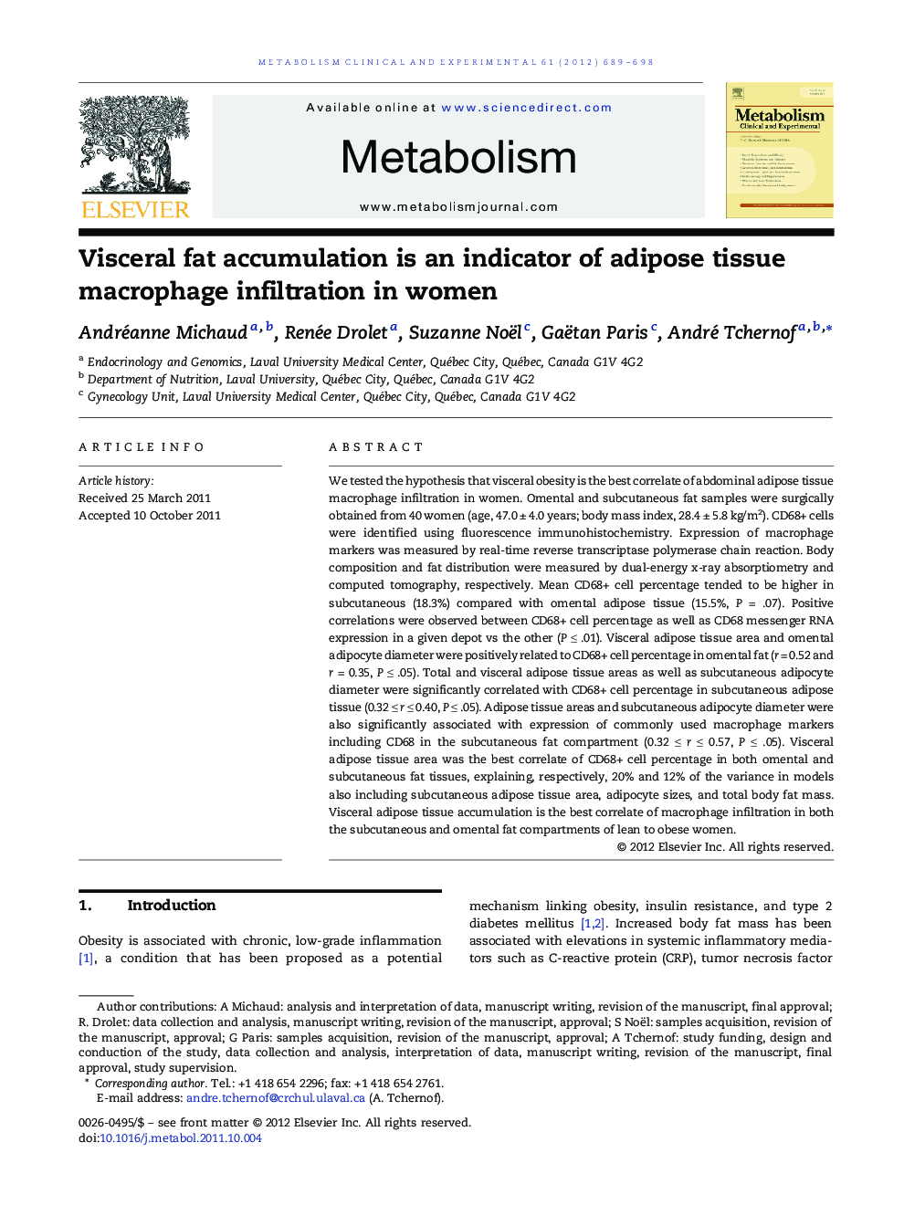 Visceral fat accumulation is an indicator of adipose tissue macrophage infiltration in women