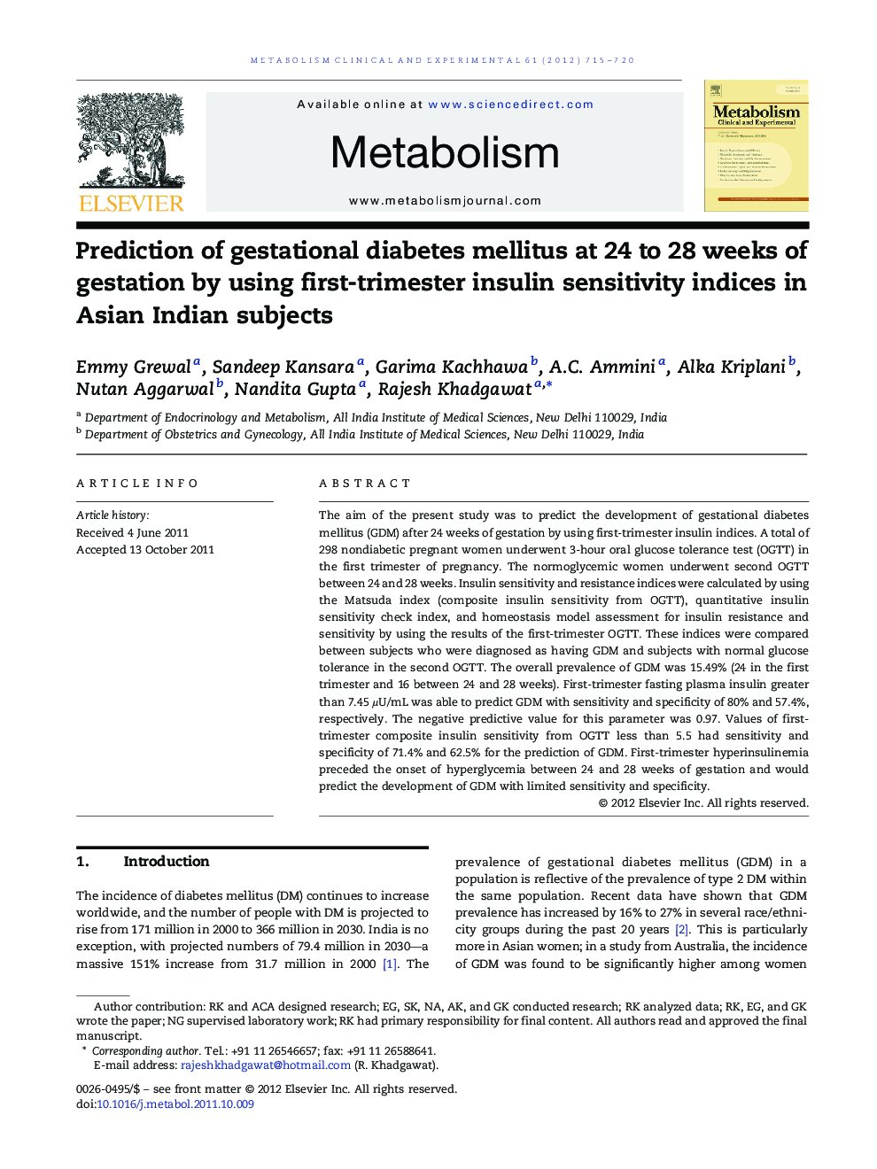Prediction of gestational diabetes mellitus at 24 to 28 weeks of gestation by using first-trimester insulin sensitivity indices in Asian Indian subjects