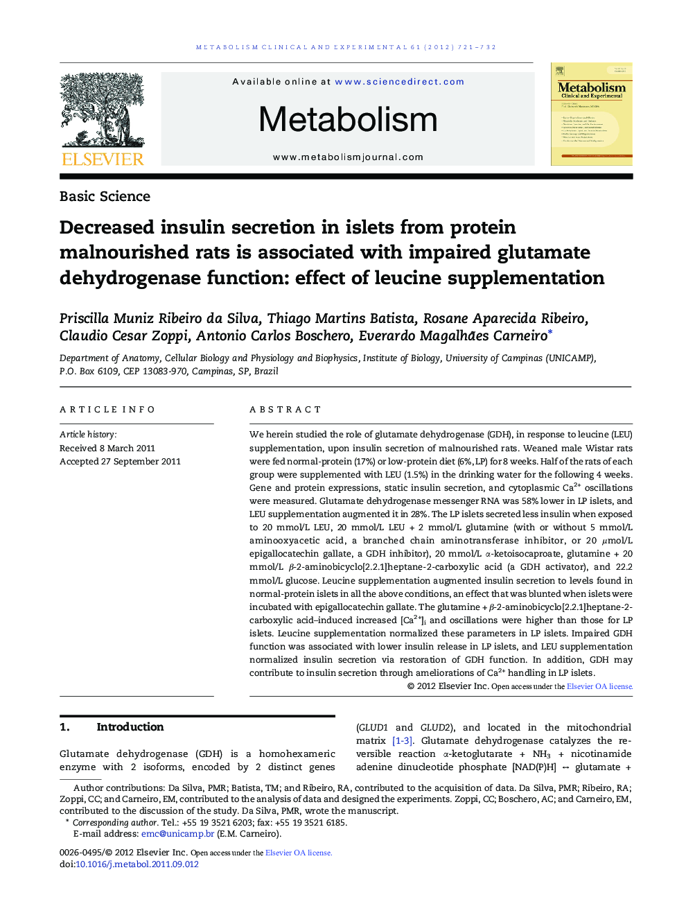 Decreased insulin secretion in islets from protein malnourished rats is associated with impaired glutamate dehydrogenase function: effect of leucine supplementation