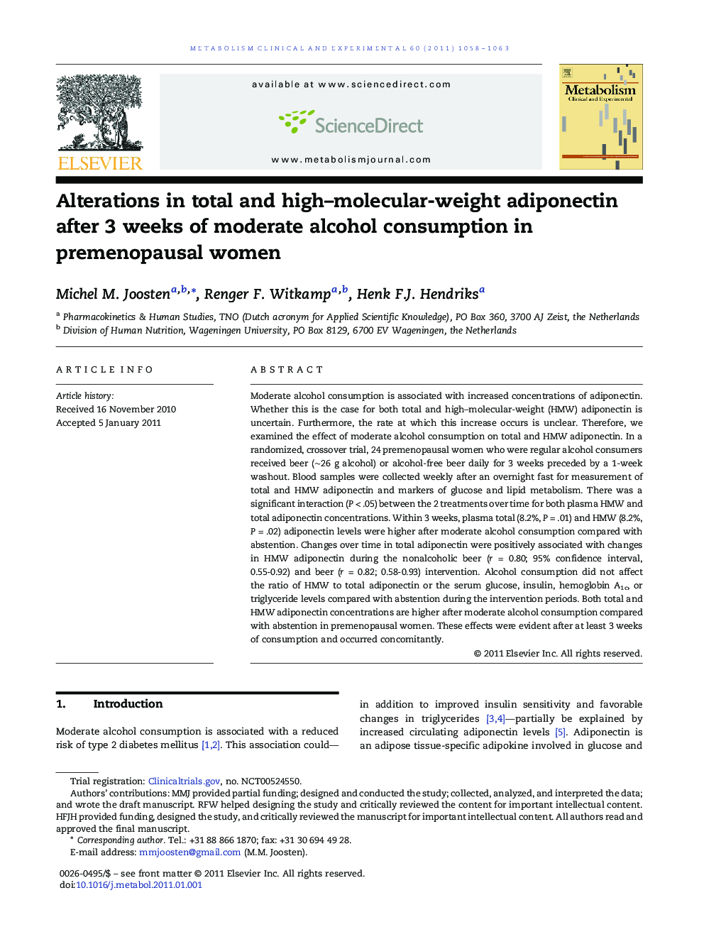عکس صفحه اول مقاله: Alterations in total and high-molecular-weight adiponectin after 3 weeks of moderate alcohol consumption in premenopausal women Alterations in total and high-molecular-weight adiponectin after 3 weeks of moderate alcohol consumption in premenopausal women