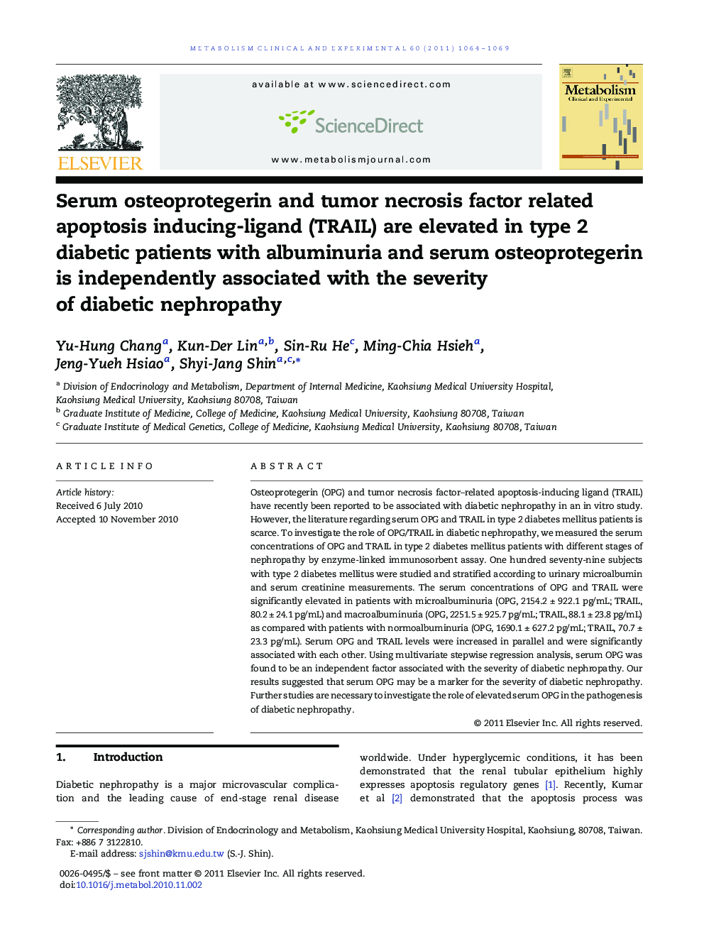 Serum osteoprotegerin and tumor necrosis factor related apoptosis inducing-ligand (TRAIL) are elevated in type 2 diabetic patients with albuminuria and serum osteoprotegerin is independently associated with the severity of diabetic nephropathy