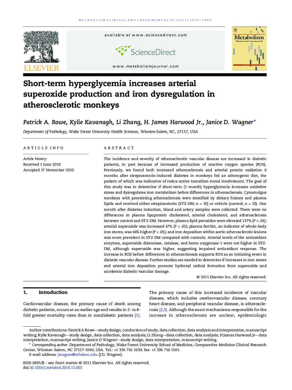 Short-term hyperglycemia increases arterial superoxide production and iron dysregulation in atherosclerotic monkeys