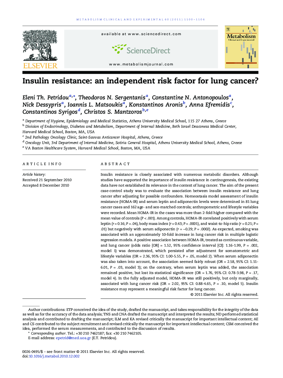 Insulin resistance: an independent risk factor for lung cancer?