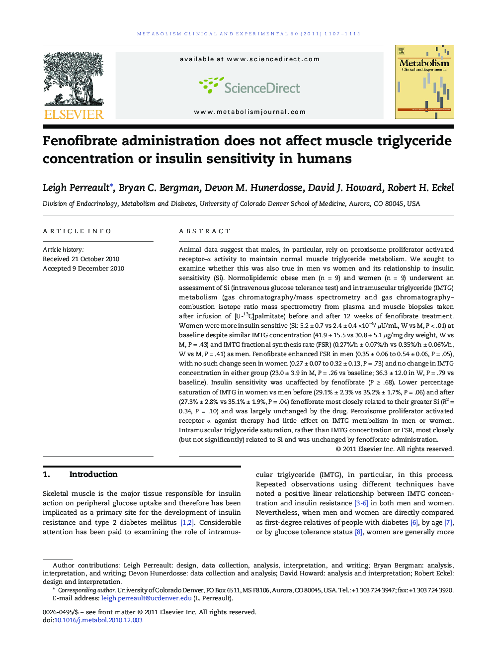 Fenofibrate administration does not affect muscle triglyceride concentration or insulin sensitivity in humans