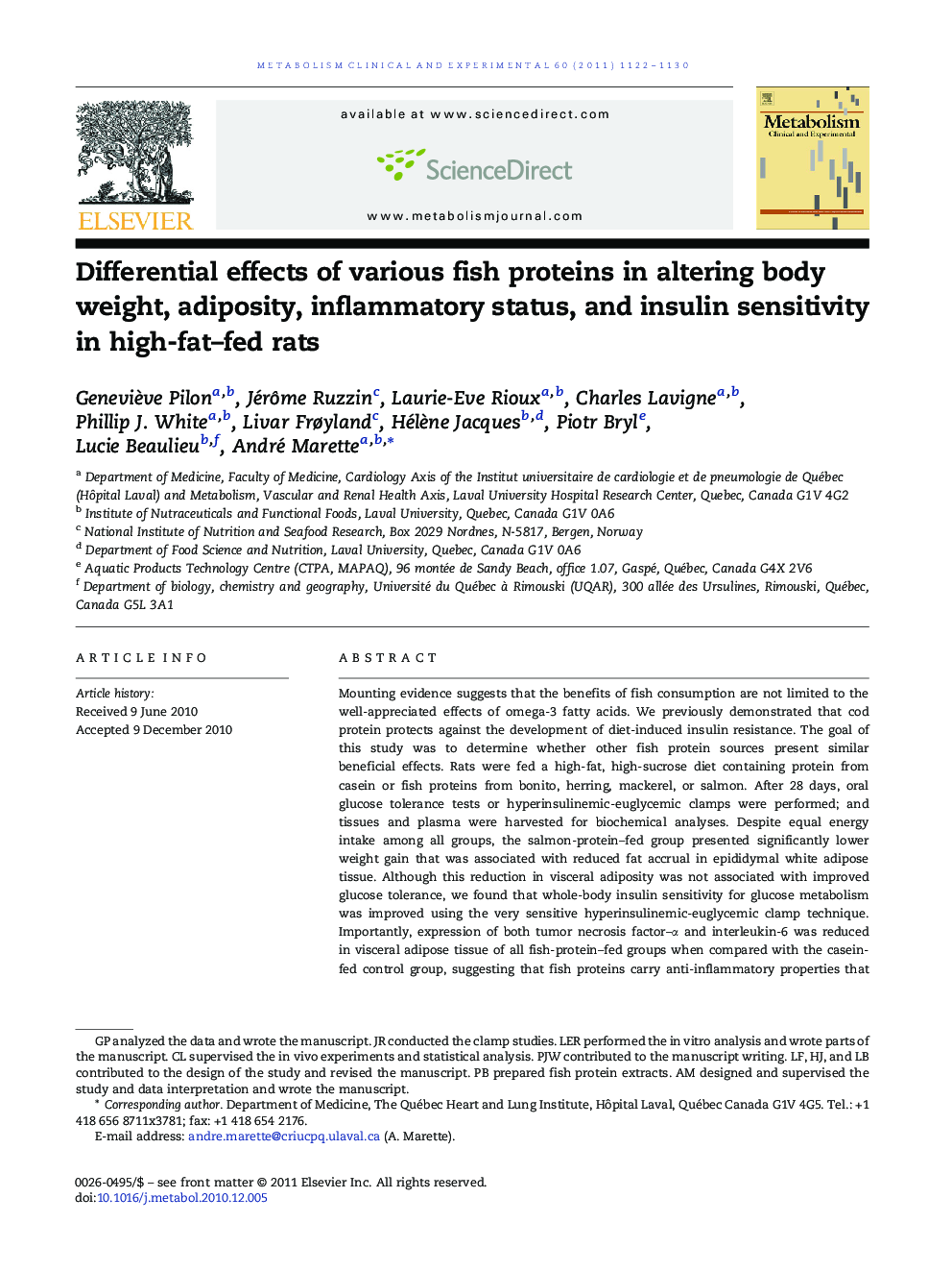 Differential effects of various fish proteins in altering body weight, adiposity, inflammatory status, and insulin sensitivity in high-fat-fed rats