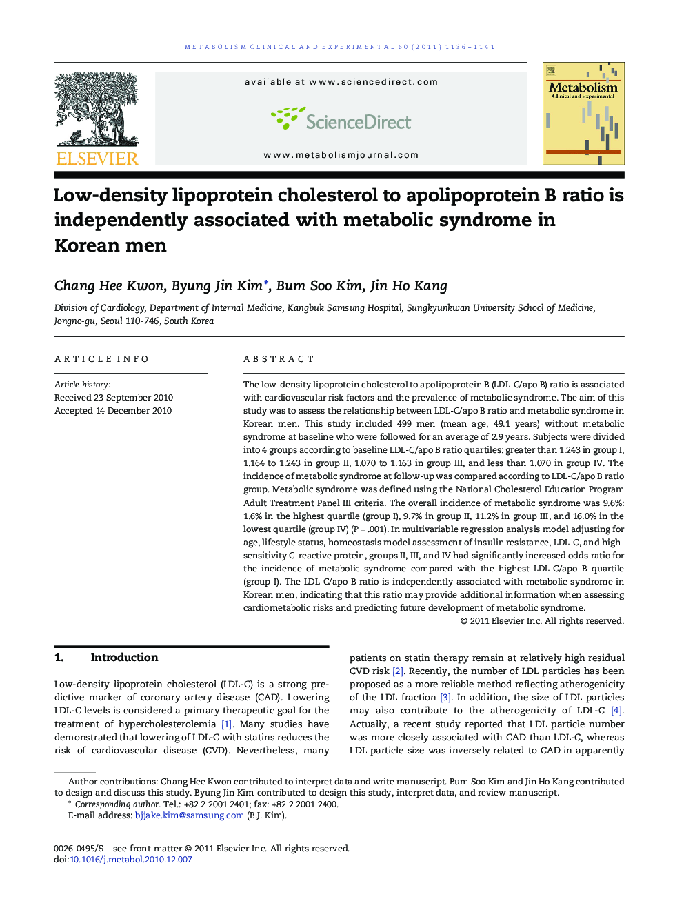 Low-density lipoprotein cholesterol to apolipoprotein B ratio is independently associated with metabolic syndrome in Korean men