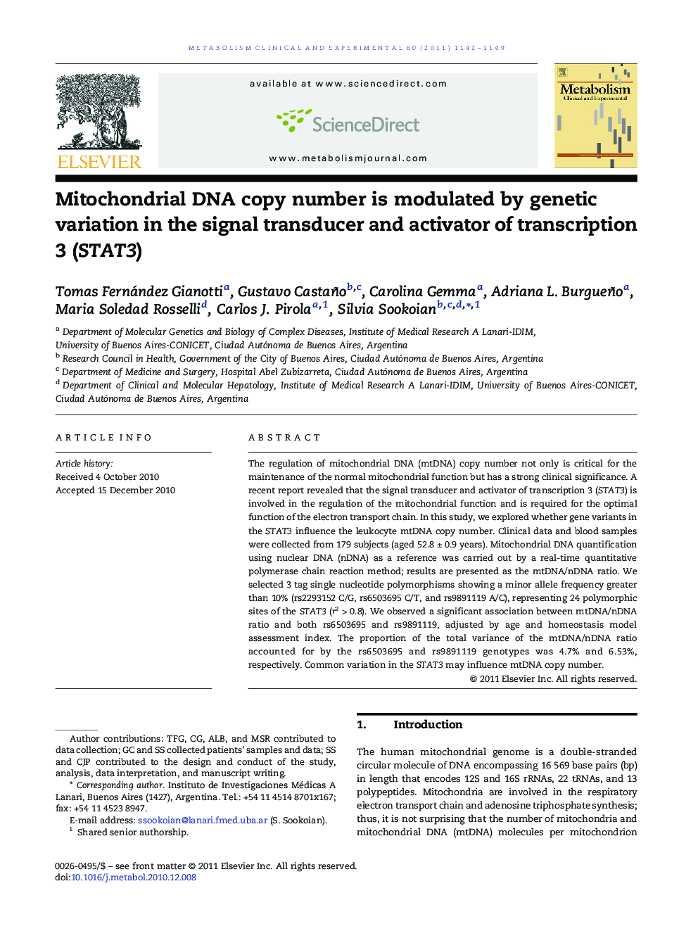 Mitochondrial DNA copy number is modulated by genetic variation in the signal transducer and activator of transcription 3 (STAT3)