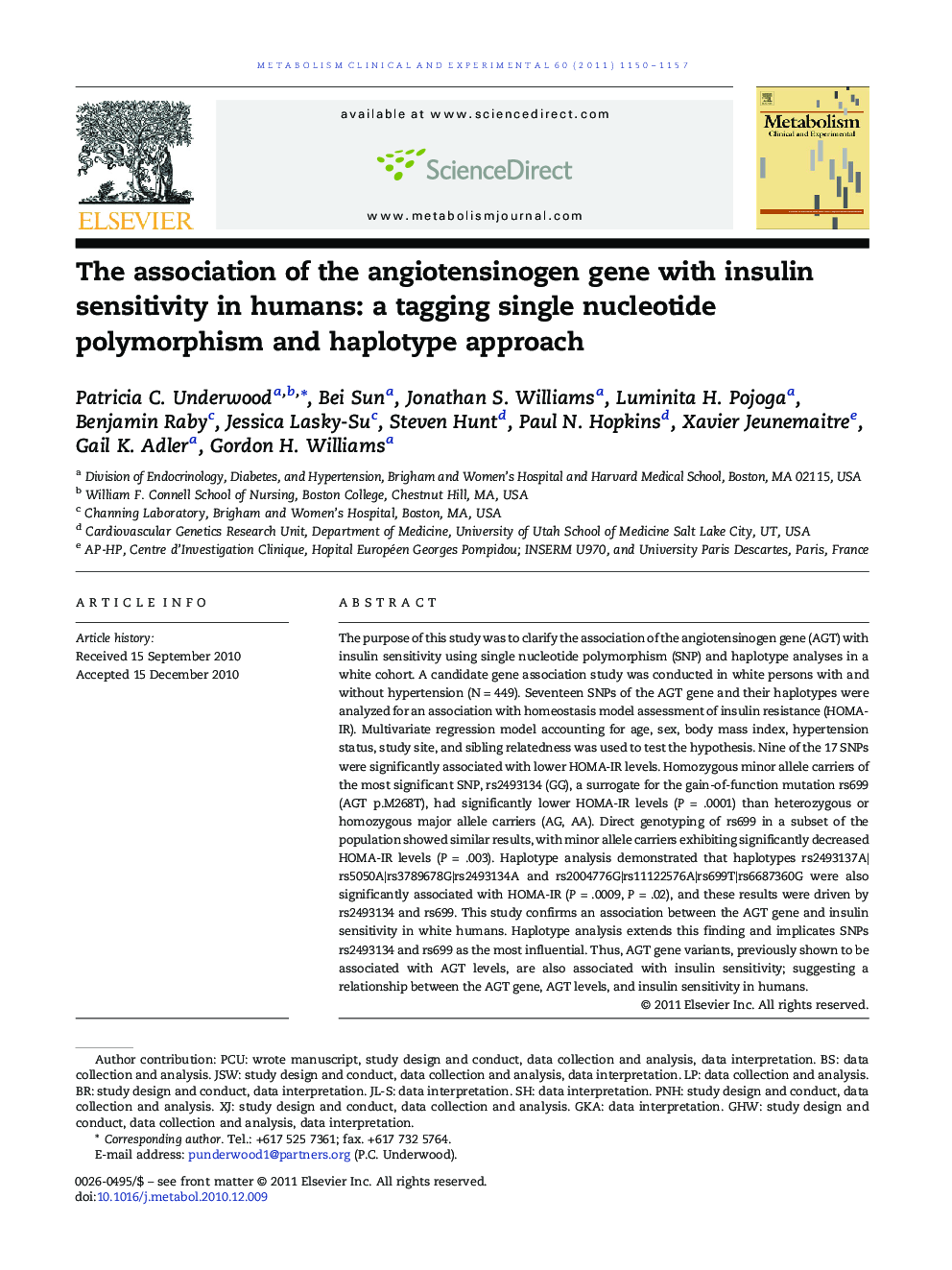 The association of the angiotensinogen gene with insulin sensitivity in humans: a tagging single nucleotide polymorphism and haplotype approach